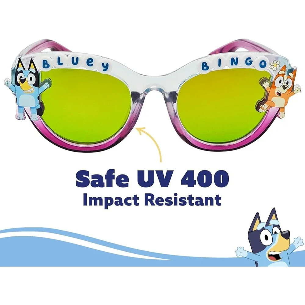 Bluey Bingo Girls Clear Pink Round Sunglasses Mirrored Green Lenses Kids